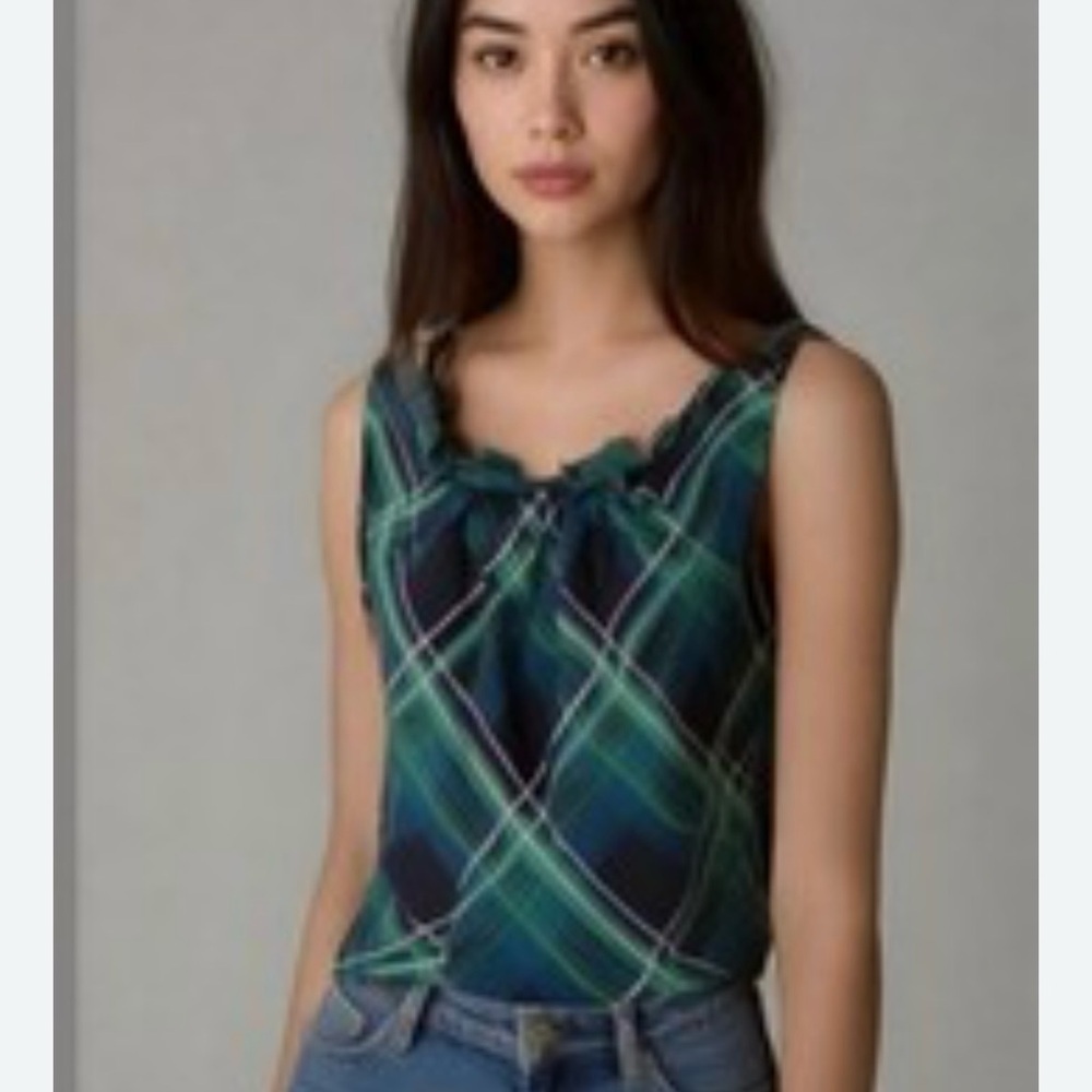 Talbots Tartan Silk Green and Blue Plaid Blouse 4